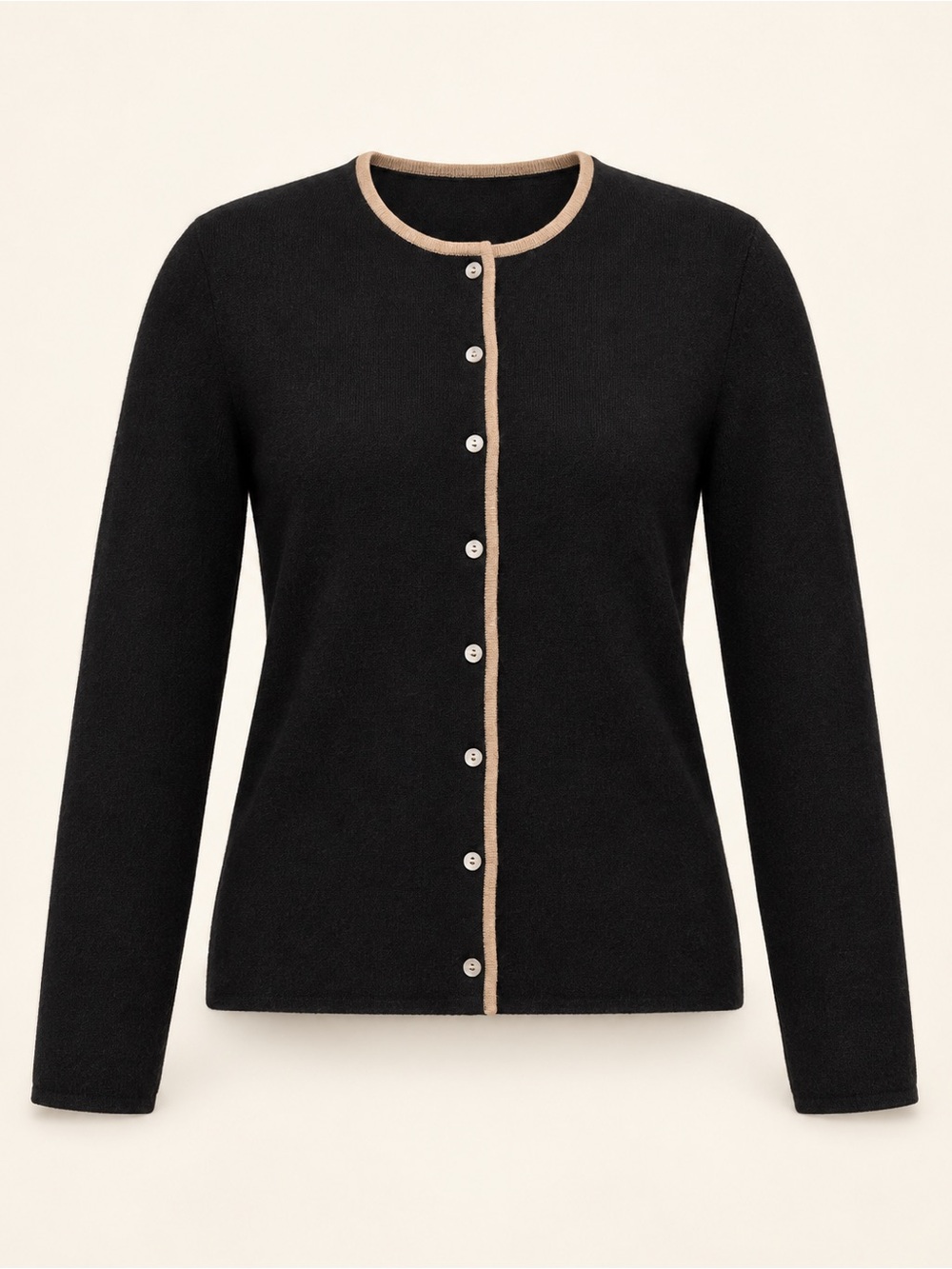 Sarah Spencer cashmere Black Cardigan with Tan Trim